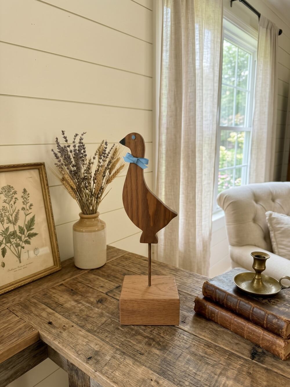 Vintage 1980s Country Folk Art Wooden Goose Figurine Stand Blue Ribbon 9.5"